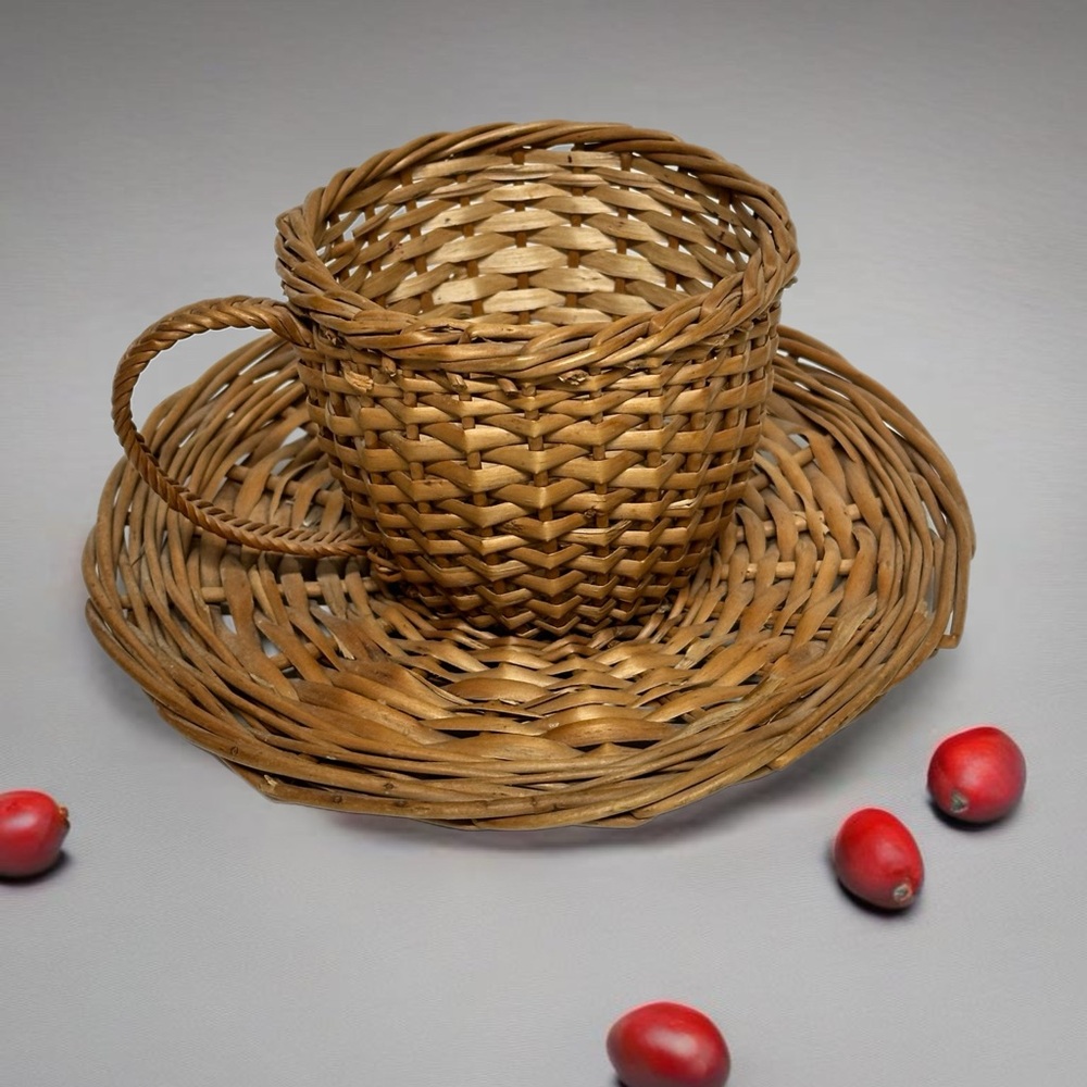 Farmhouse wicker rattan coffee mug & saucer